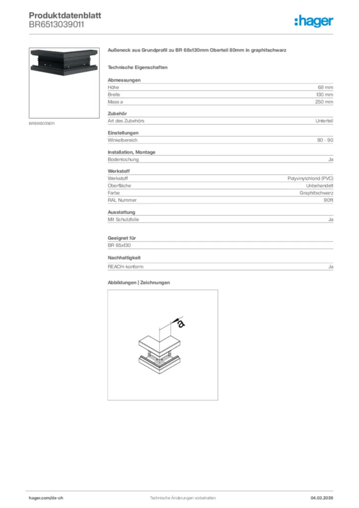 Bild Hager Produktdatenblatt BR6513039011 | Hager Schweiz