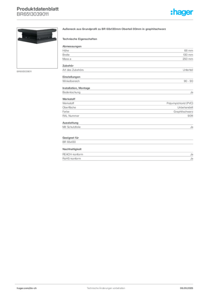 Bild Hager Produktdatenblatt BR6513039011 | Hager Schweiz