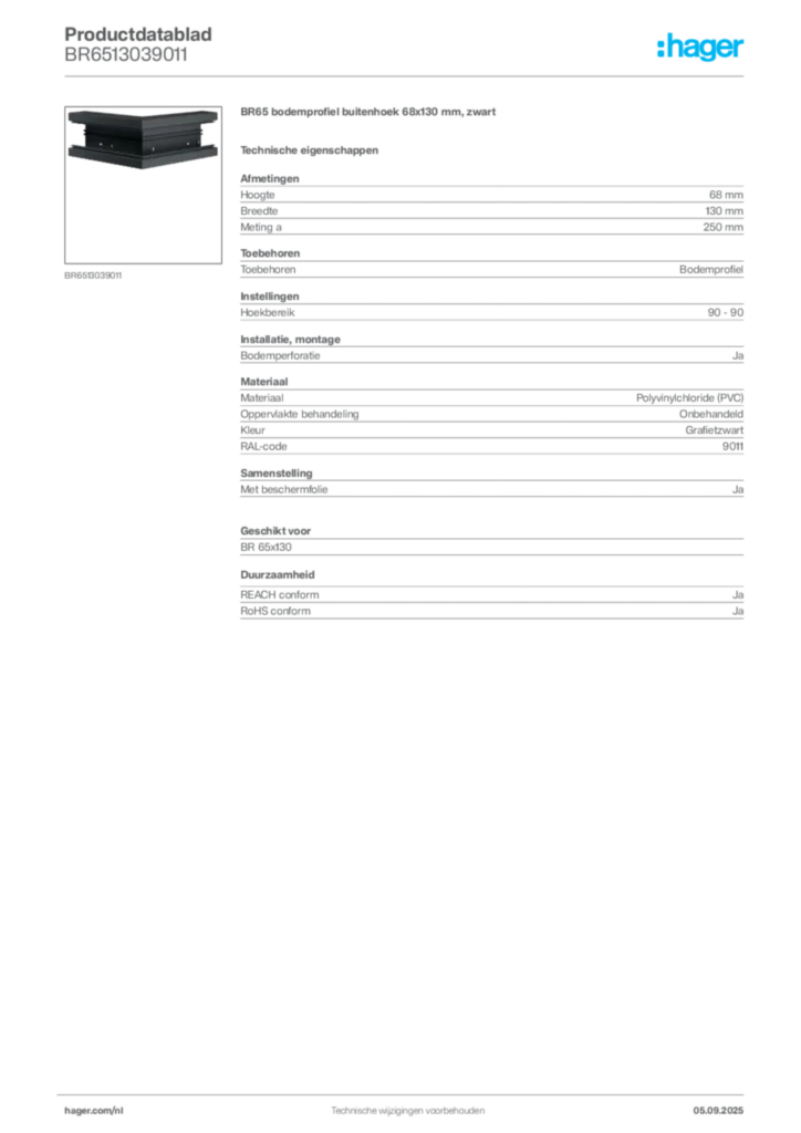 Afbeelding Hager Productdatablad BR6513039011 | Hager Nederland