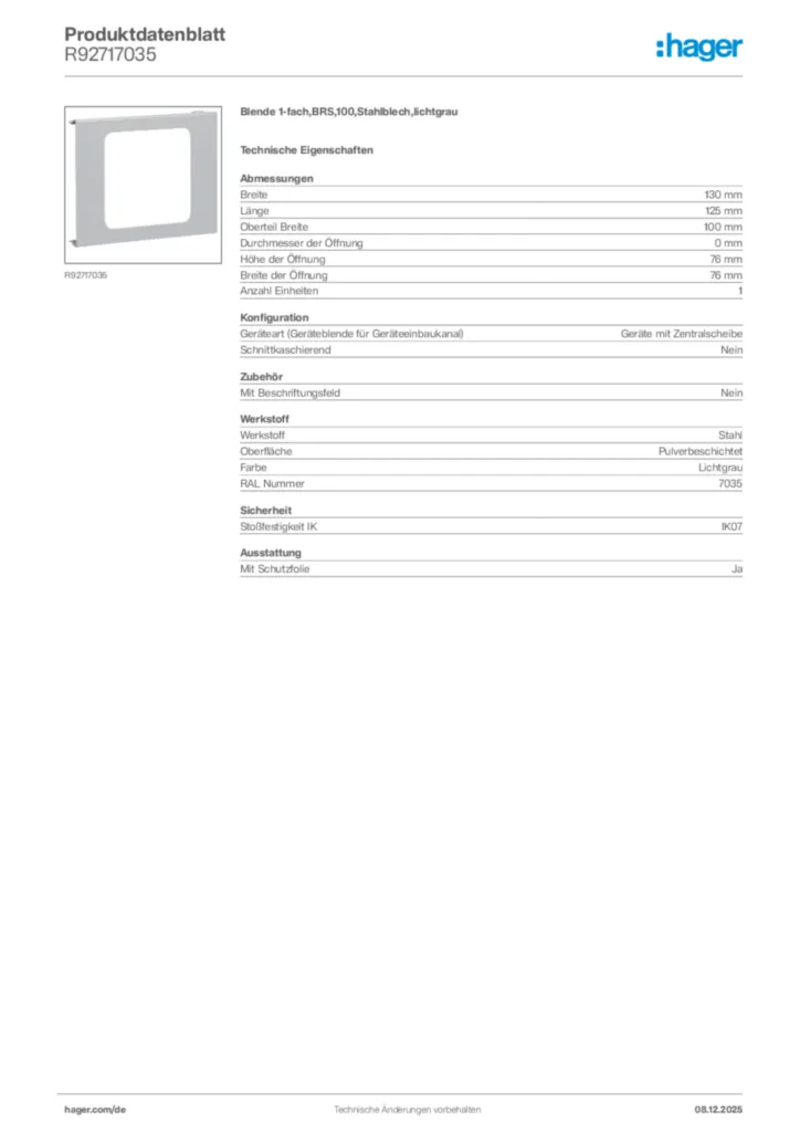 Bild Hager Produktdatenblatt R92717035 | Hager Deutschland