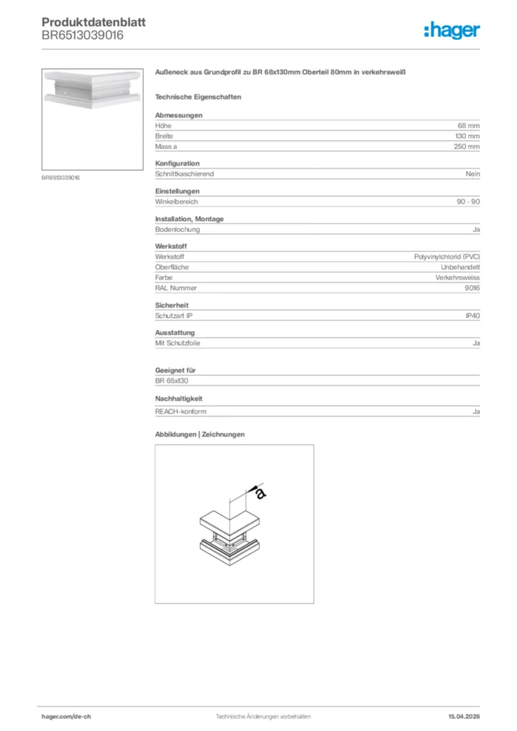 Bild Hager Produktdatenblatt BR6513039016 | Hager Schweiz