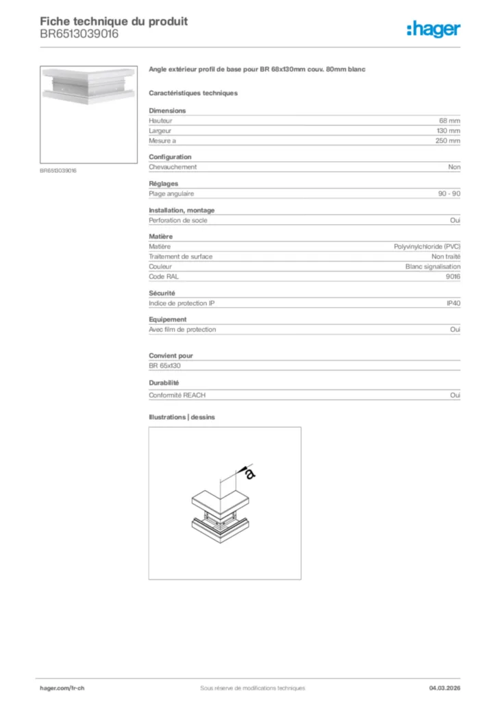 Image Hager Fiche technique du produit BR6513039016 | Hager Suisse