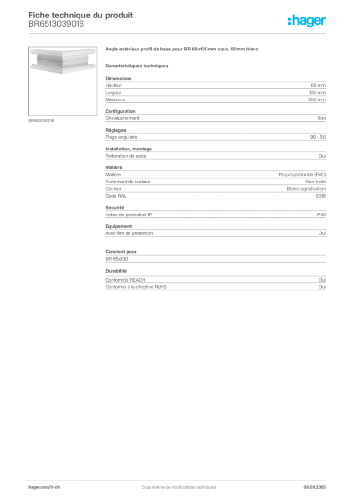 Image Hager Fiche technique du produit BR6513039016 | Hager Suisse