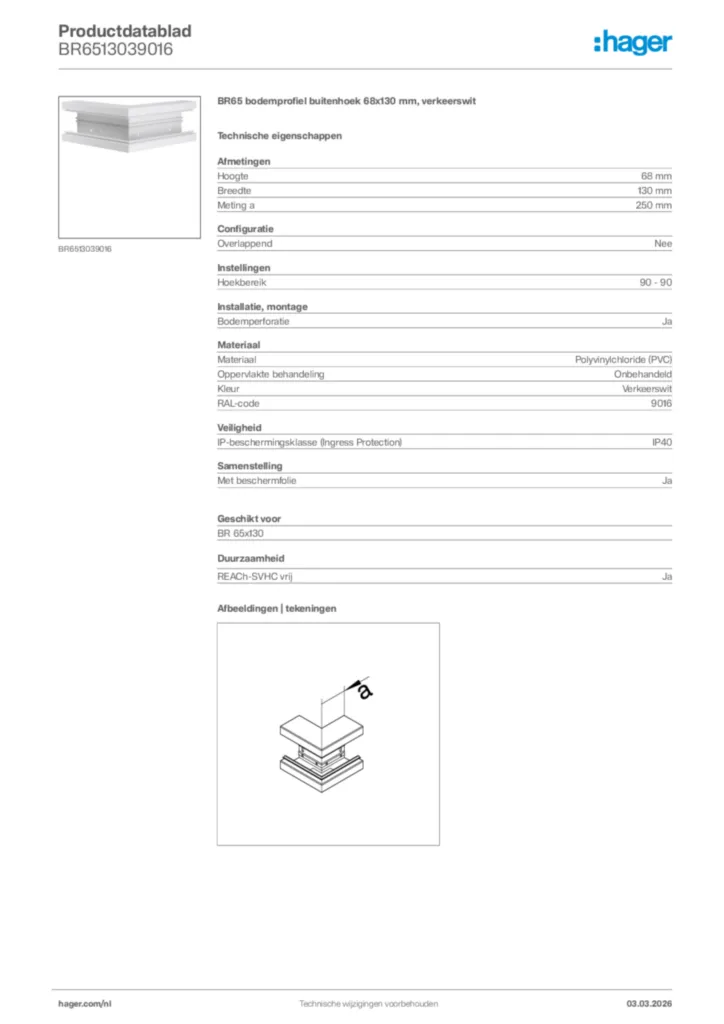 Afbeelding Hager Productdatablad BR6513039016 | Hager Nederland