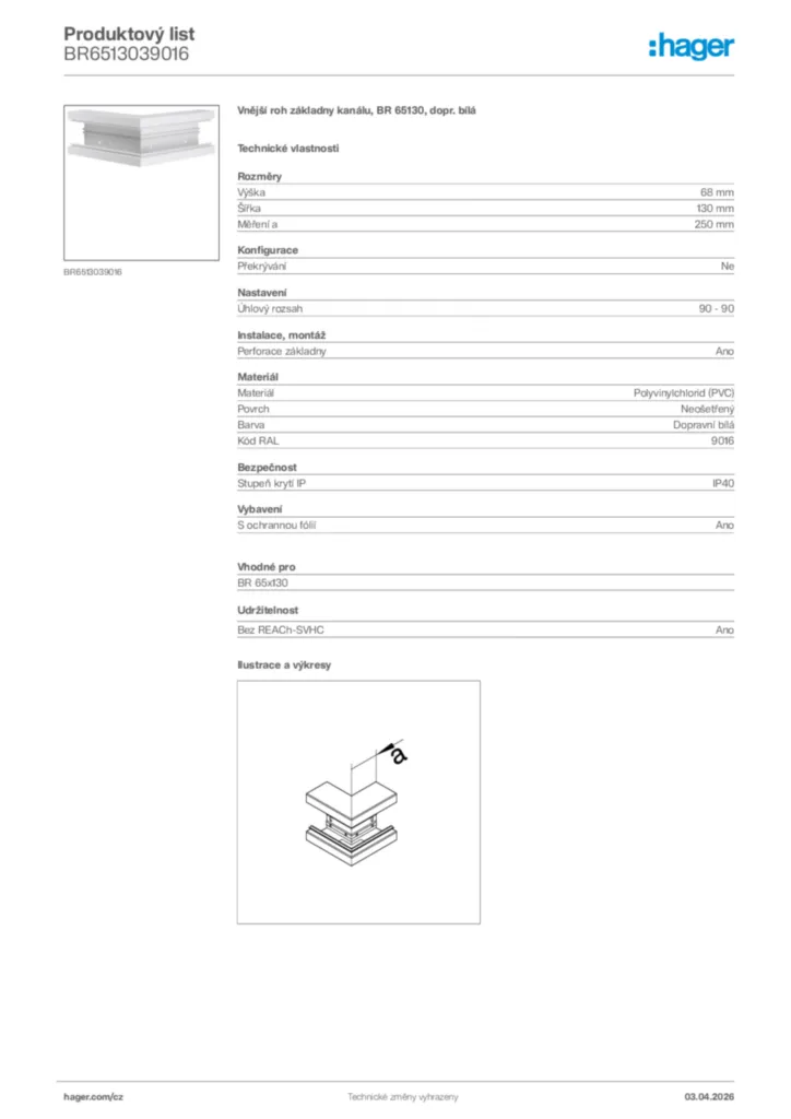 Obrázek Hager Product data sheet BR6513039016 | Hager