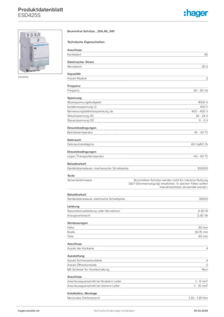 Bild Hager Produktdatenblatt ESD425S | Hager Schweiz