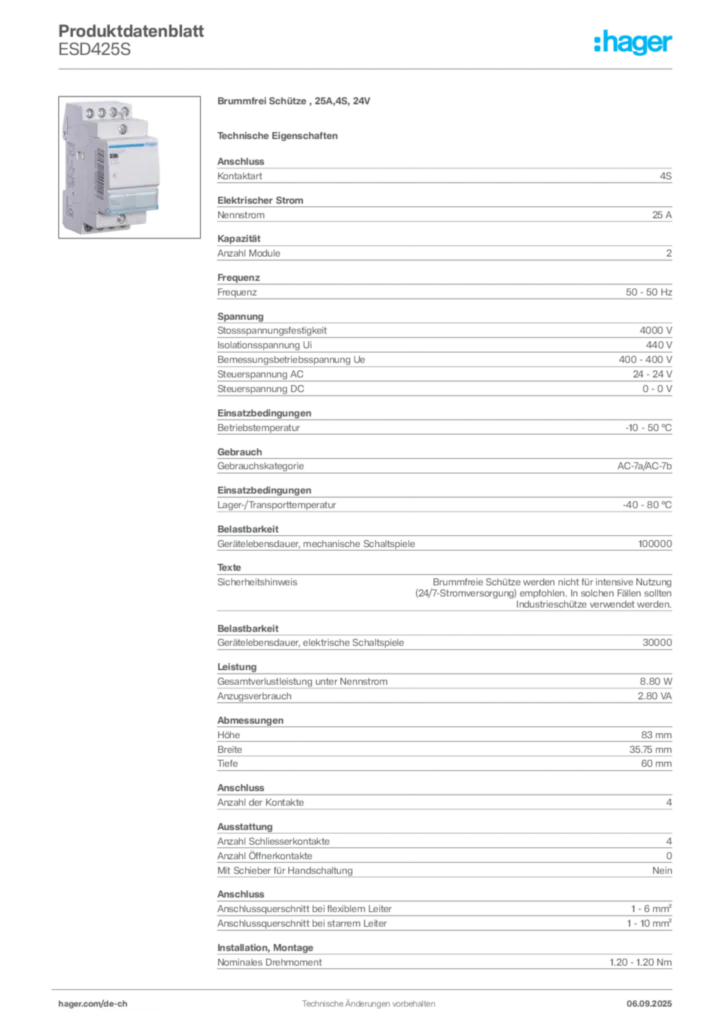 Bild Hager Produktdatenblatt ESD425S | Hager Schweiz