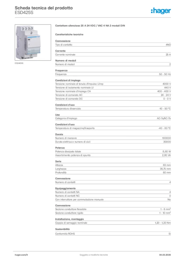 Immagine Hager Scheda tecnica del prodotto ESD425S | Hager Italia