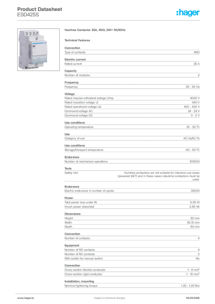 Image Hager Product data sheet ESD425S  | Hager