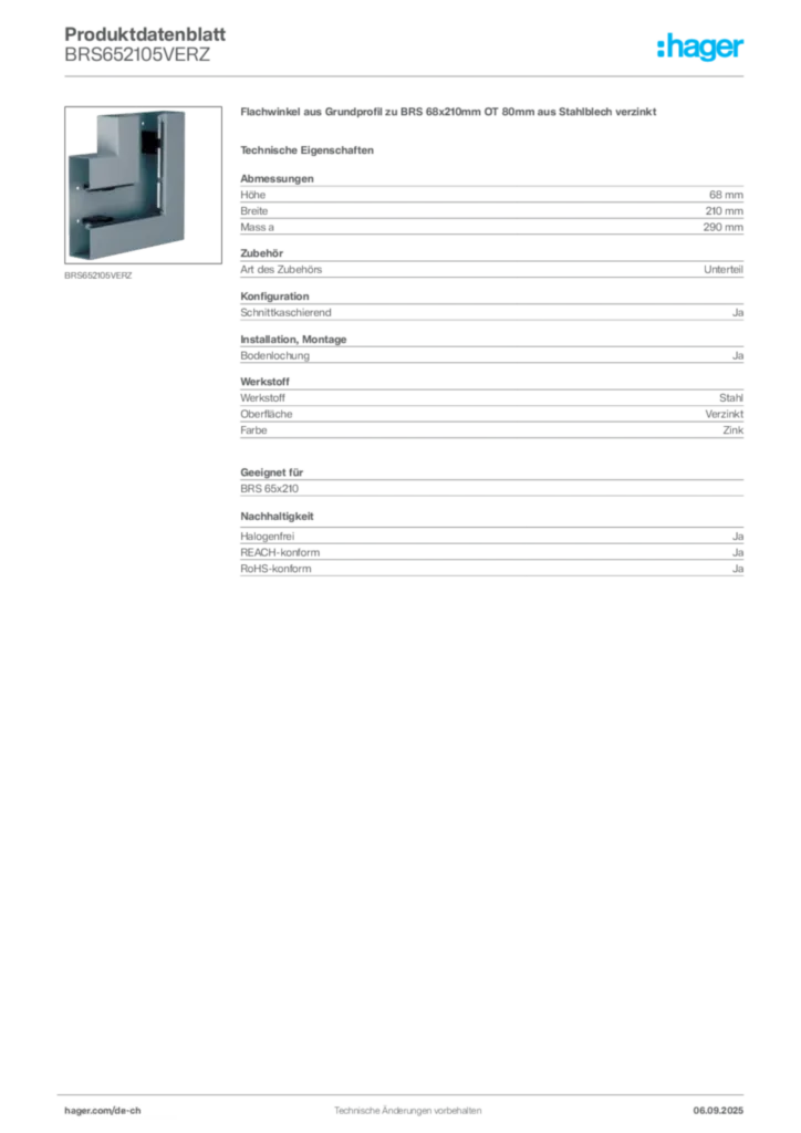 Bild Hager Produktdatenblatt BRS652105VERZ | Hager Schweiz
