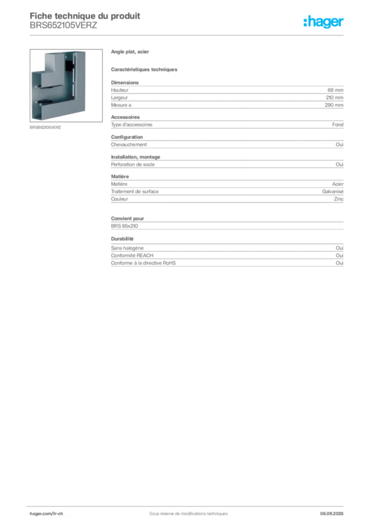 Image Hager Fiche technique du produit BRS652105VERZ | Hager Suisse