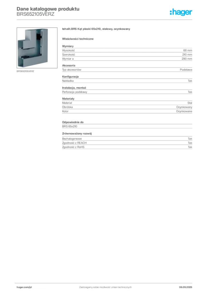 Zdjęcie Hager Dane katalogowe produktu BRS652105VERZ | Hager Polska