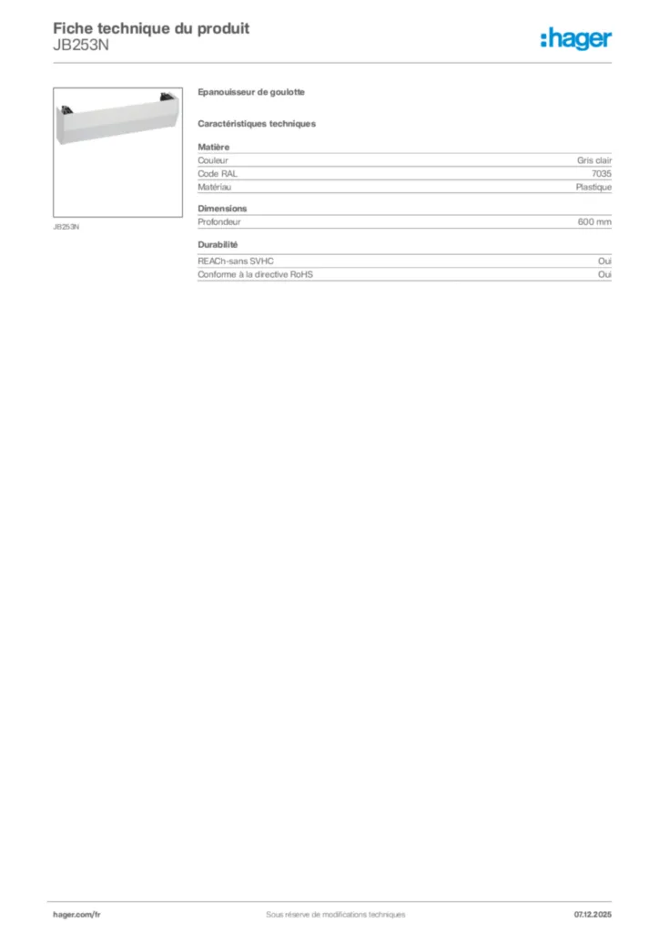 Image Hager Fiche technique du produit JB253N | Hager France