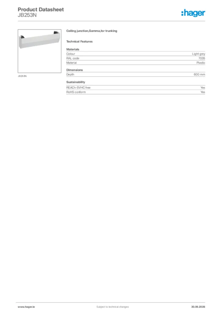 Image Hager Product data sheet JB253N  | Hager