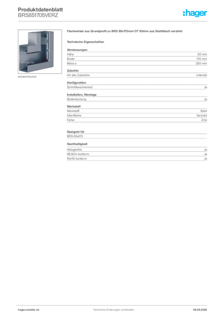 Bild Hager Produktdatenblatt BRS851705VERZ | Hager Schweiz