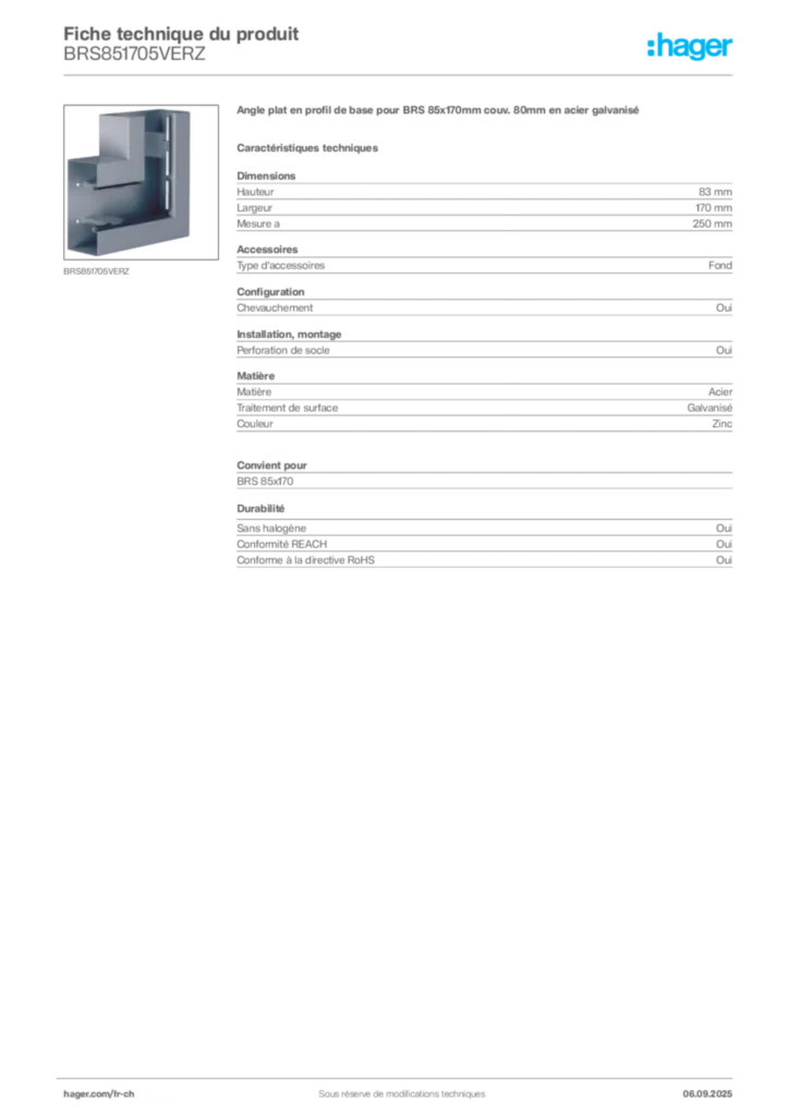Image Hager Fiche technique du produit BRS851705VERZ | Hager Suisse