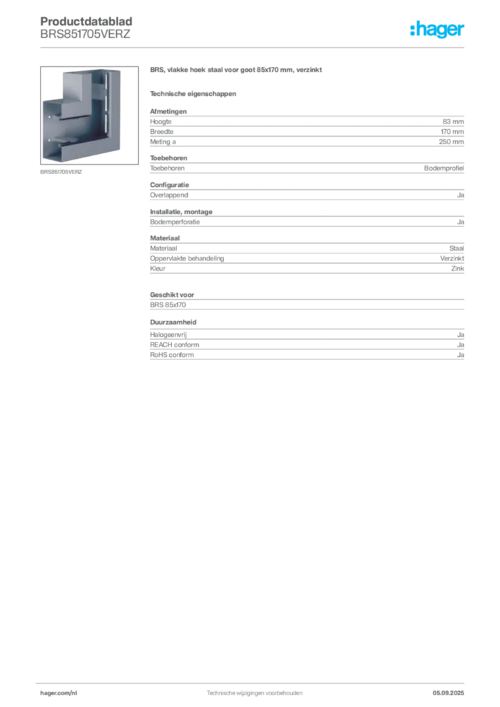 Afbeelding Hager Productdatablad BRS851705VERZ | Hager Nederland