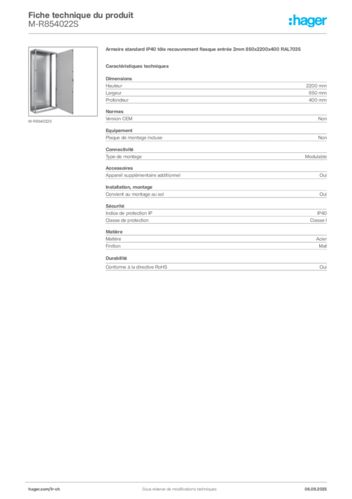 Image Hager Fiche technique du produit M-R854022S | Hager Suisse
