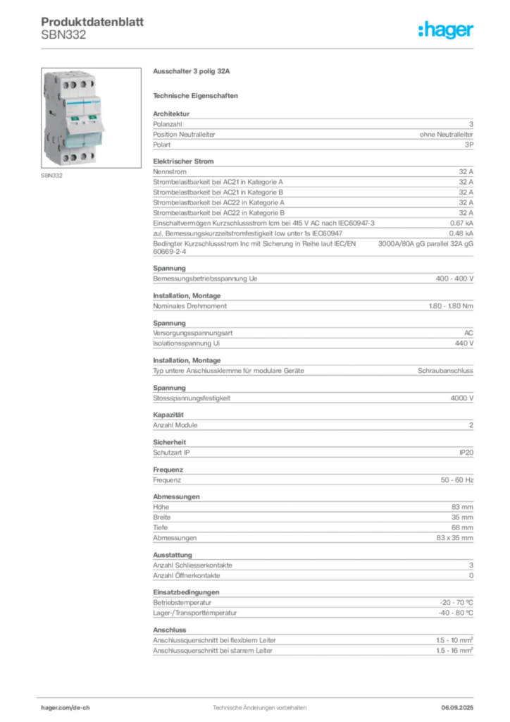 Bild Hager Produktdatenblatt SBN332 | Hager Schweiz