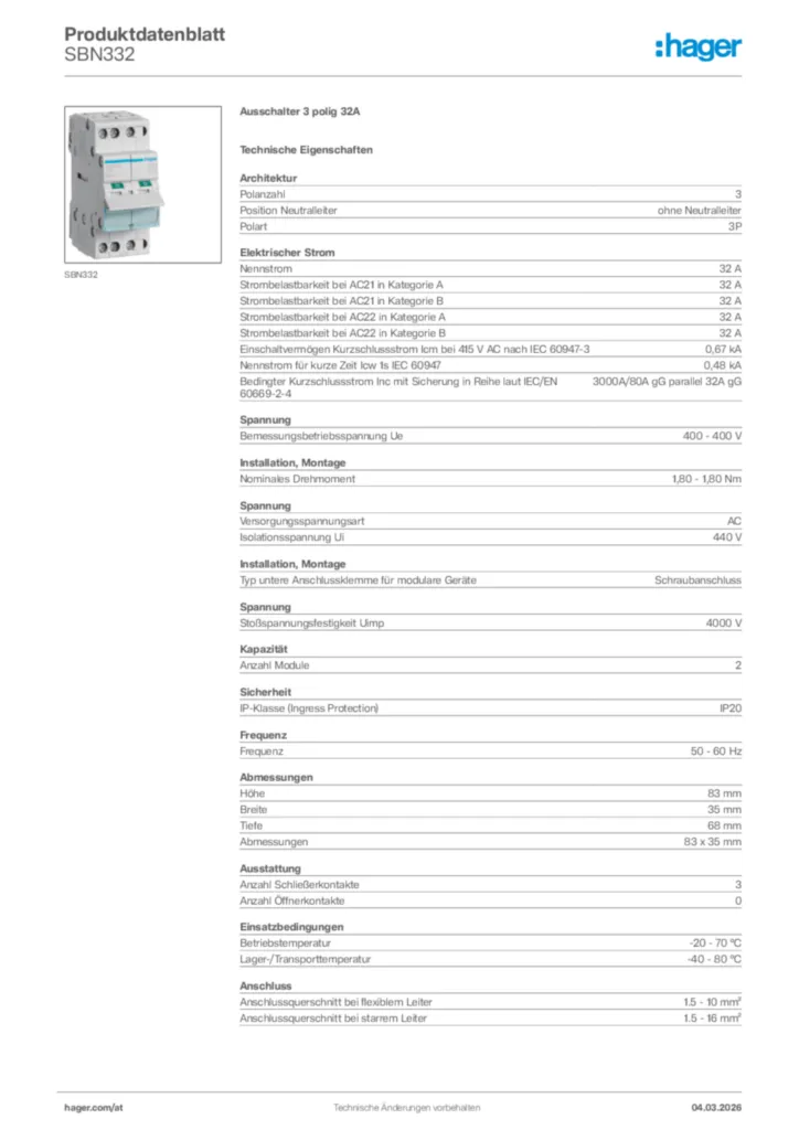Bild Hager Produktdatenblatt SBN332 | Hager Deutschland