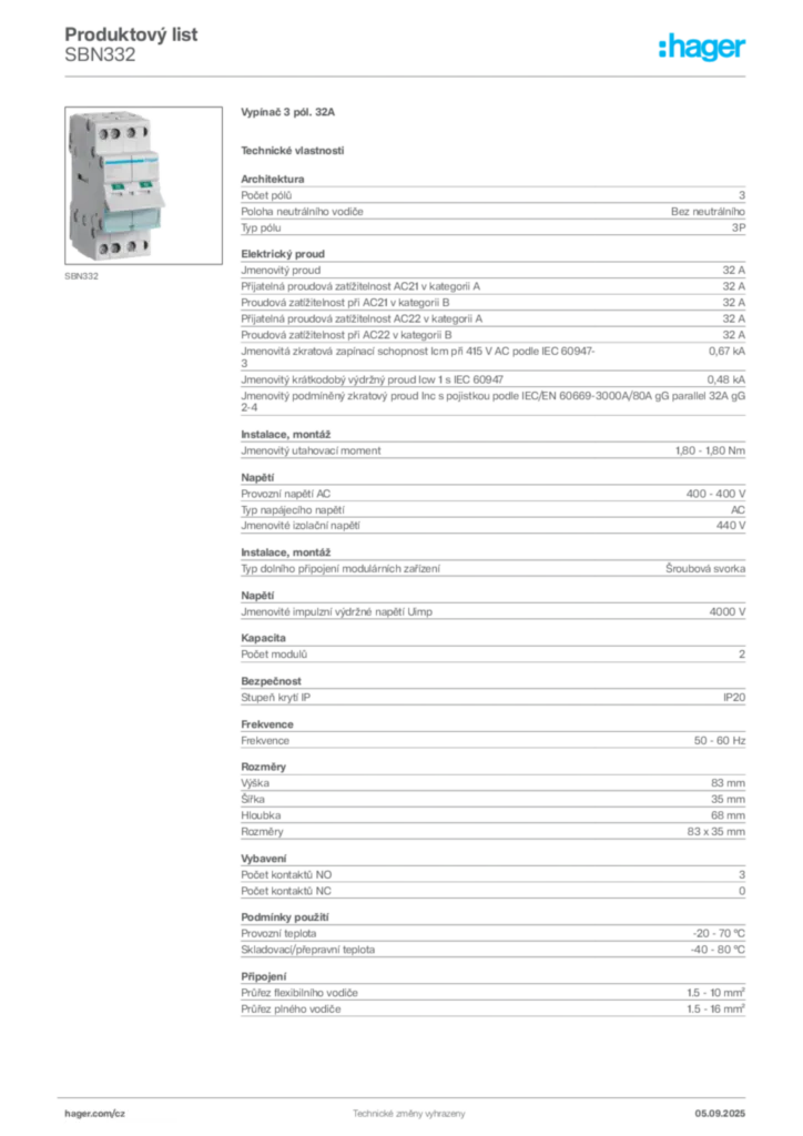 Obrázek Hager Produktový list SBN332 | Hager