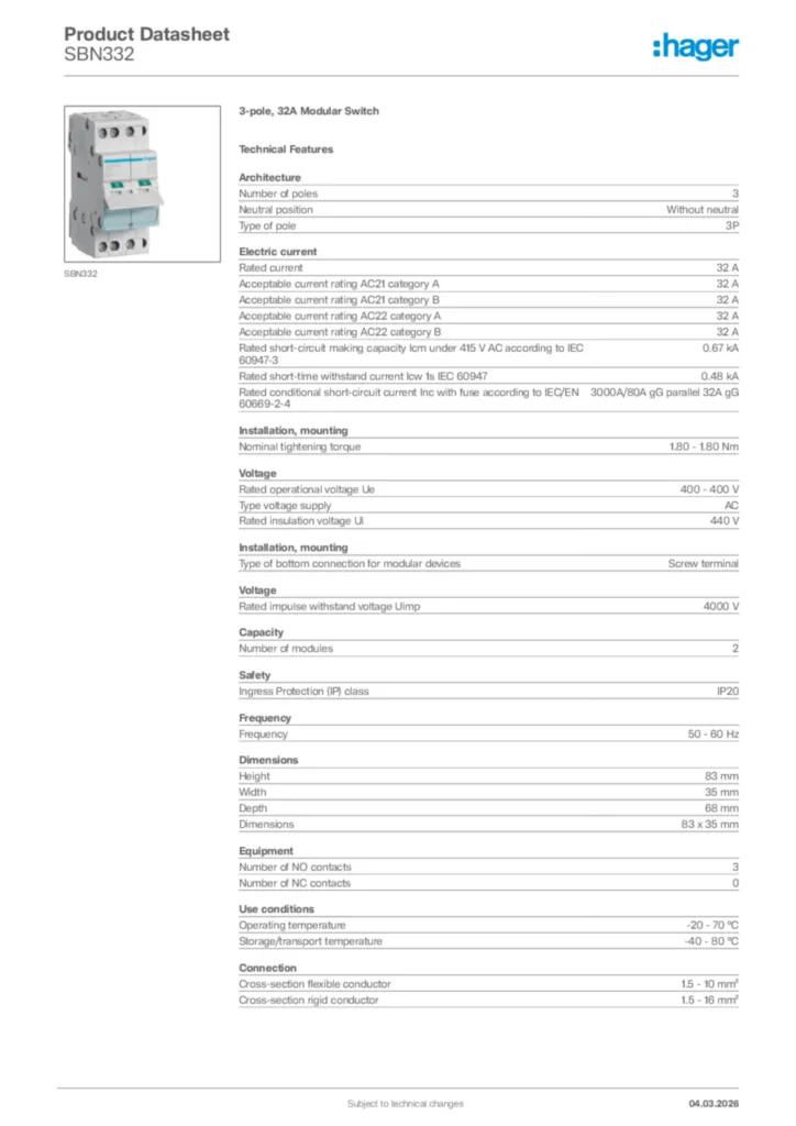 Image Hager Product data sheet SBN332  | Hager Africa