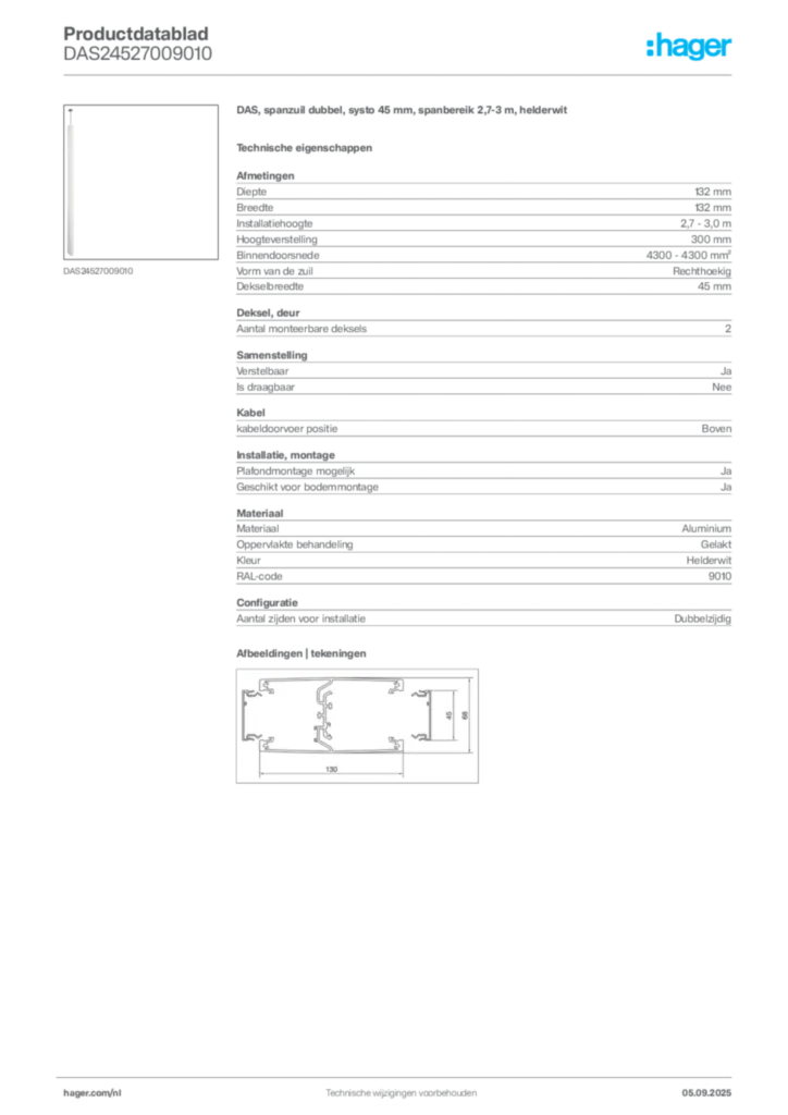 Afbeelding Hager Productdatablad DAS24527009010 | Hager Nederland