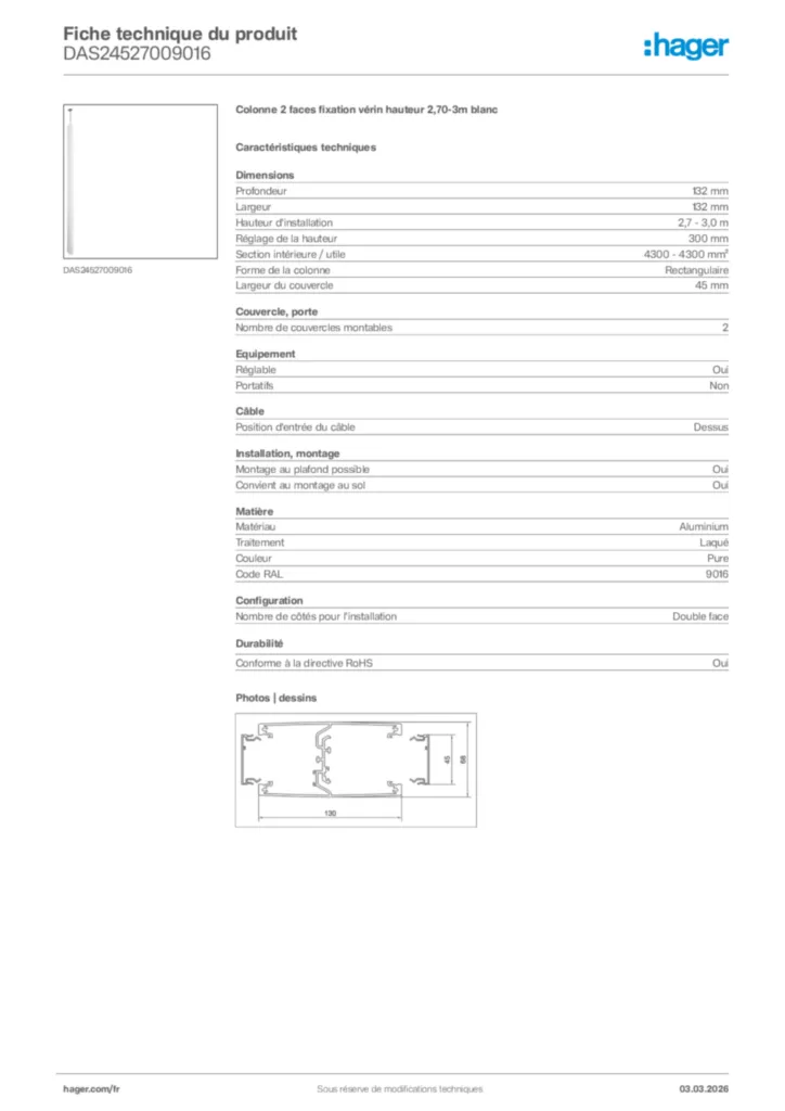 Image Hager Fiche technique du produit DAS24527009016 | Hager France