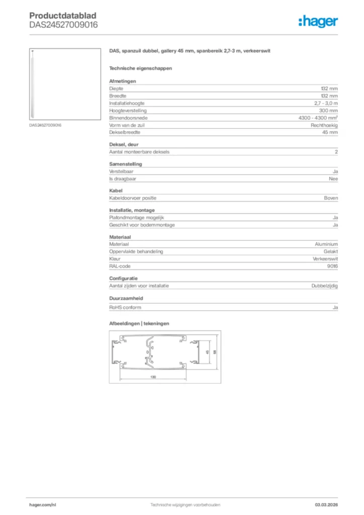 Afbeelding Hager Productdatablad DAS24527009016 | Hager Nederland