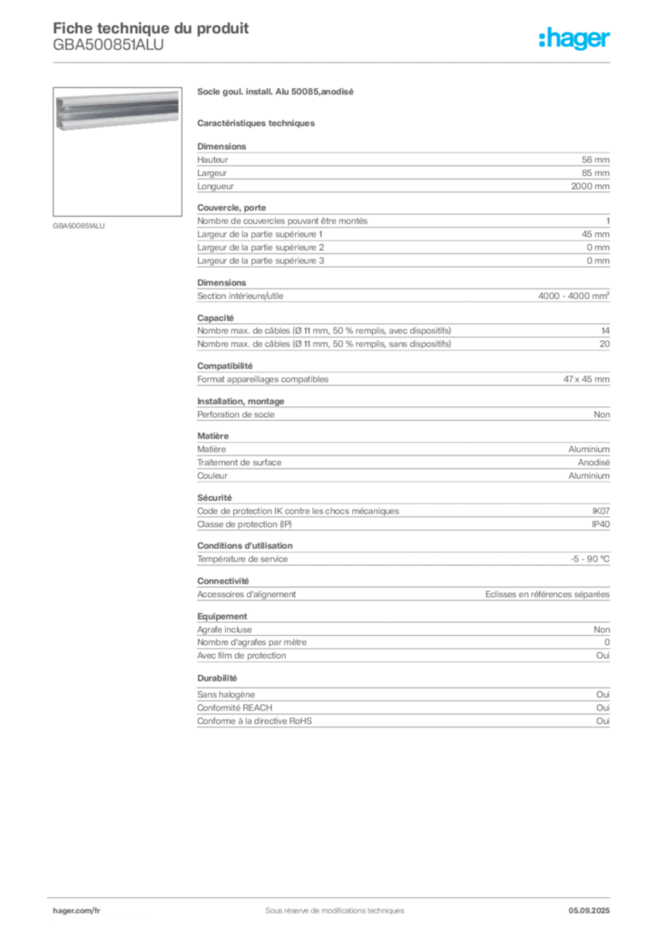 Image Hager Fiche technique du produit GBA500851ALU | Hager France