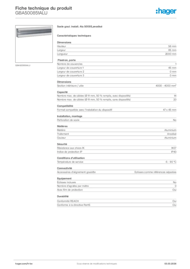 Image Hager Fiche technique du produit GBA500851ALU | Hager Belgique