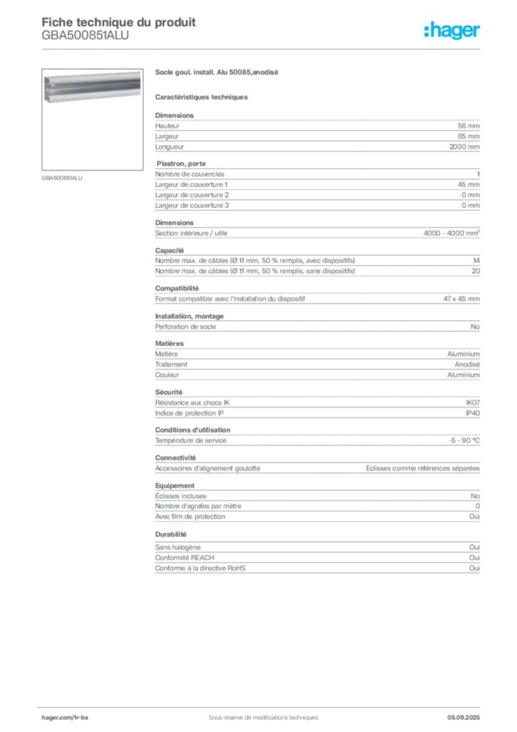 Image Hager Fiche technique du produit GBA500851ALU | Hager Belgique