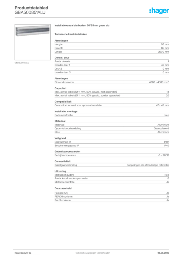 Afbeelding Hager Productdatablad GBA500851ALU | Hager Belgium