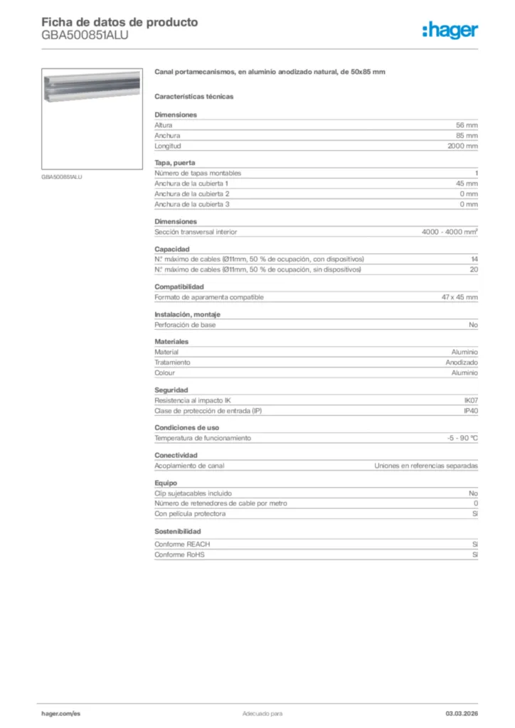 Imagen Hager Ficha de datos de producto GBA500851ALU | Hager España
