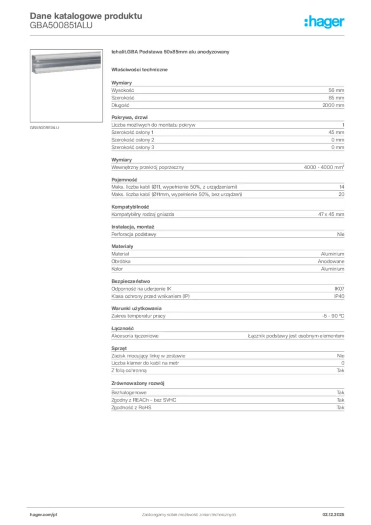 Zdjęcie Hager Dane katalogowe produktu GBA500851ALU | Hager Polska