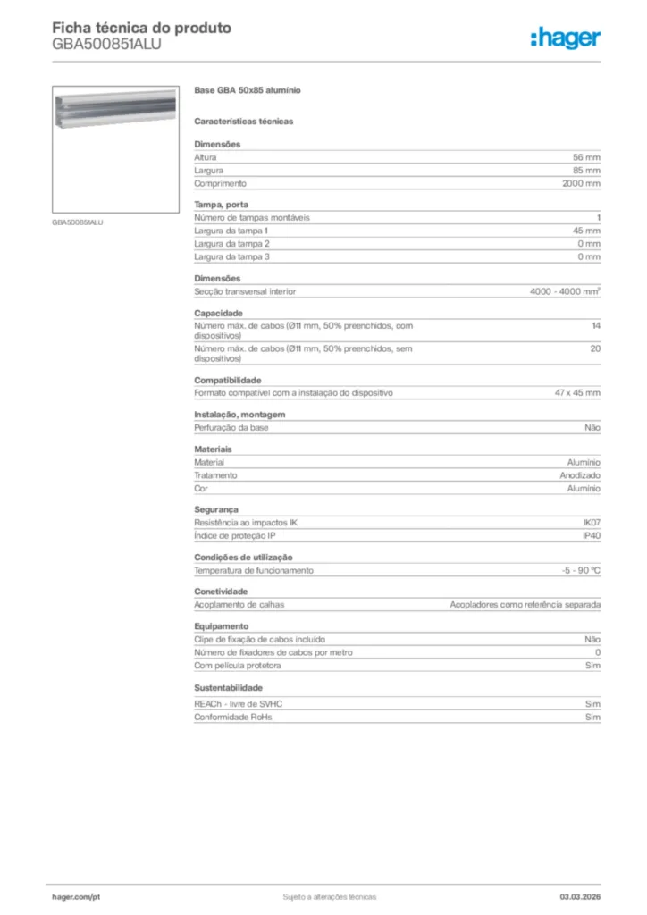Imagem Hager Ficha técnica do produto GBA500851ALU | Hager Portugal
