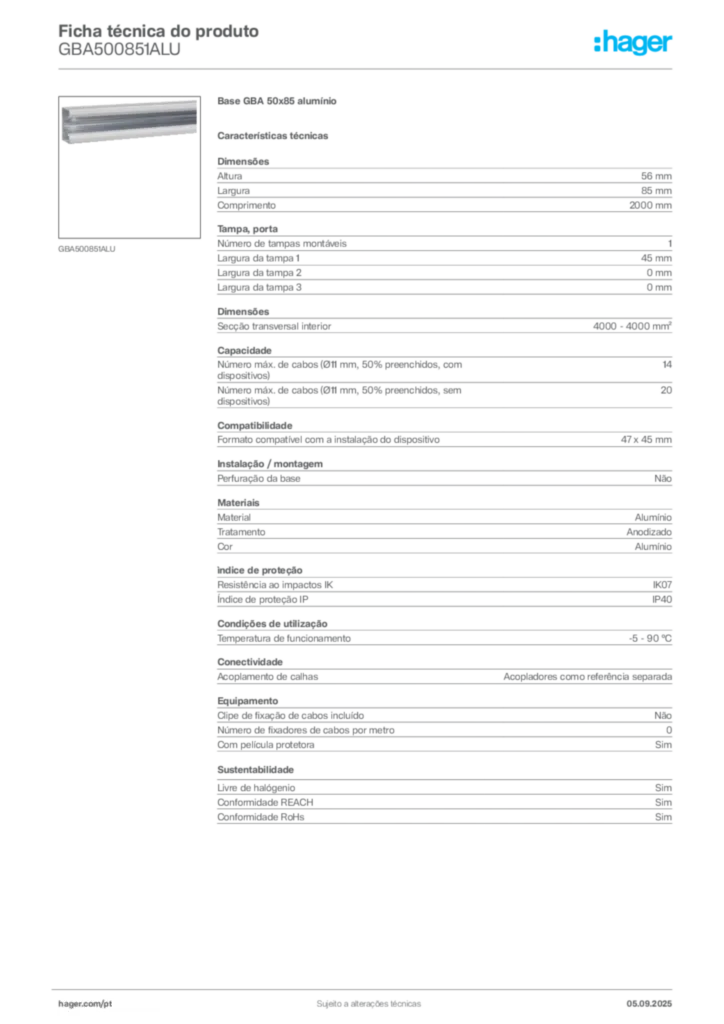 Imagem Hager Ficha técnica do produto GBA500851ALU | Hager Portugal
