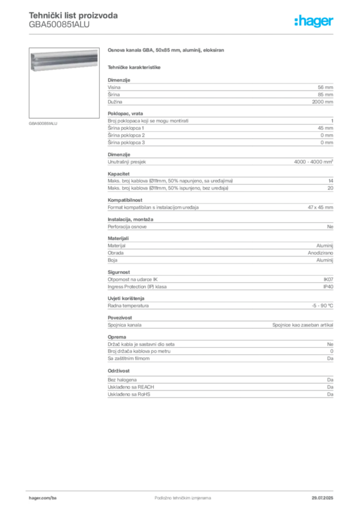 Slika Hager Product data sheet GBA500851ALU  | Hager