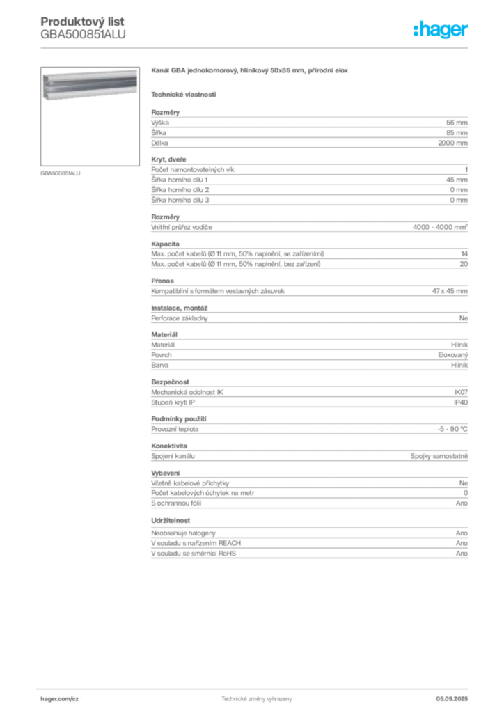 Obrázek Hager Produktový list GBA500851ALU | Hager
