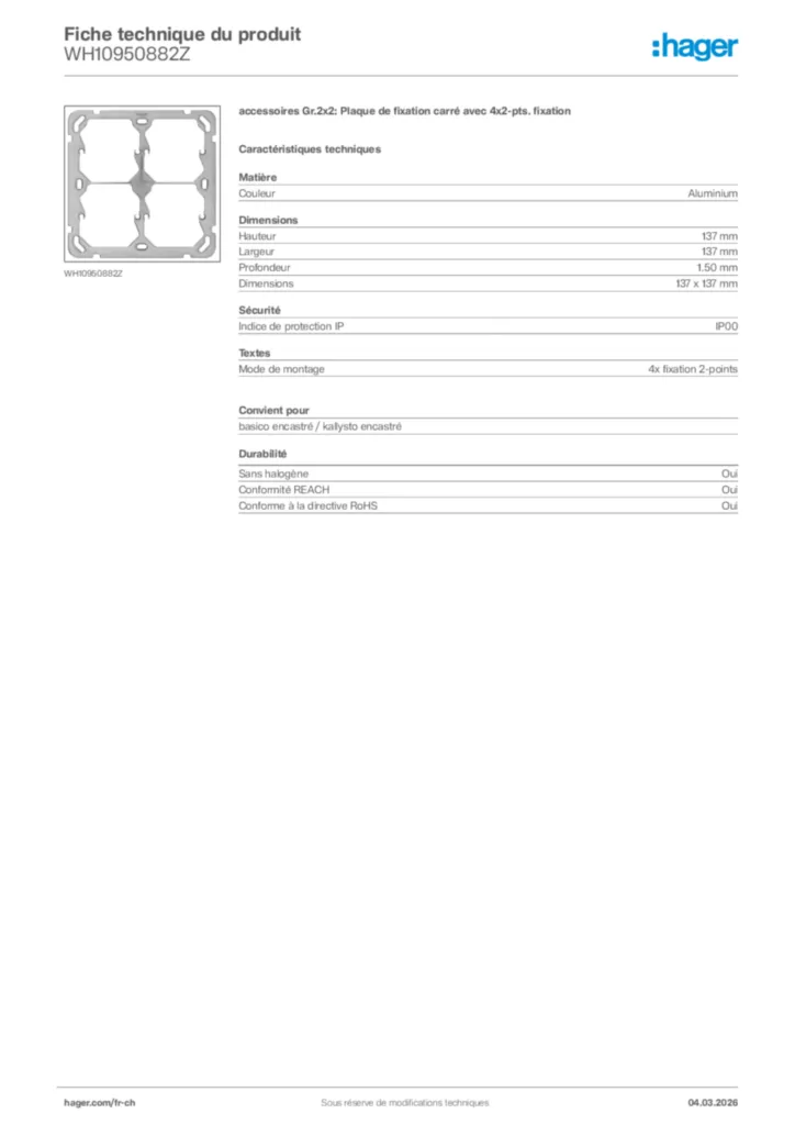 Image Hager Fiche technique du produit WH10950882Z | Hager Suisse