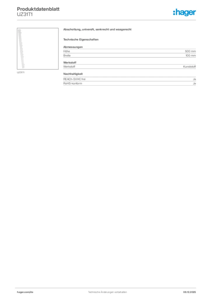 Hager Produktdatenblatt UZ31T1
