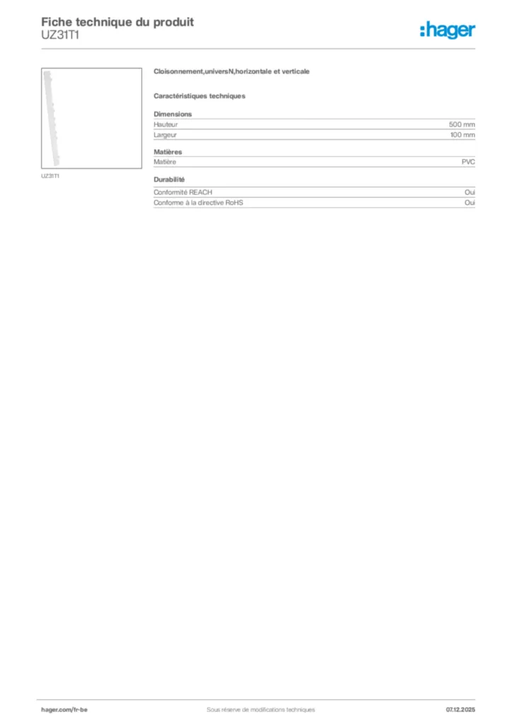 Image Hager Fiche technique du produit UZ31T1 | Hager Belgique