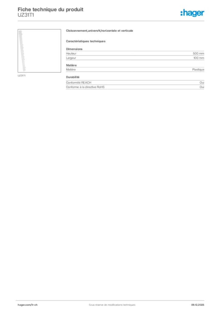 Image Hager Fiche technique du produit UZ31T1 | Hager Suisse