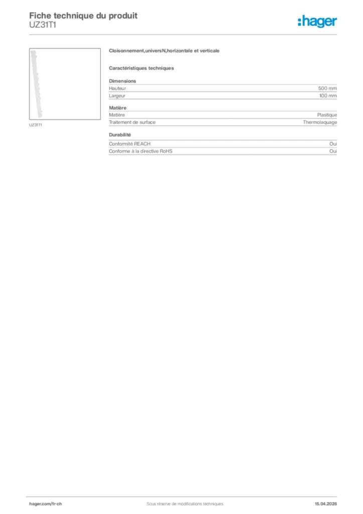 Image Hager Fiche technique du produit UZ31T1 | Hager Suisse