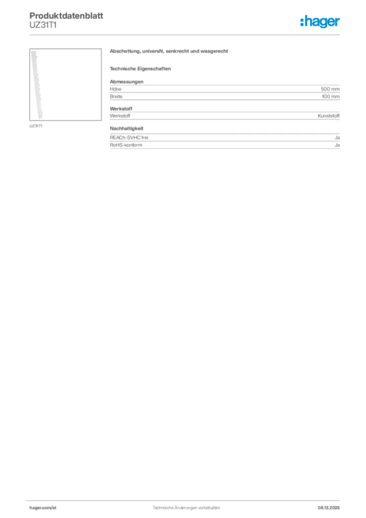 Bild Hager Produktdatenblatt UZ31T1 | Hager Deutschland