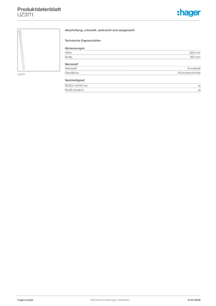 Bild Hager Produktdatenblatt UZ31T1 | Hager Deutschland
