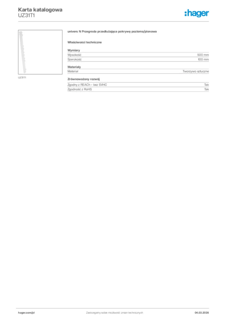 Zdjęcie Hager Karta katalogowa UZ31T1 | Hager Polska