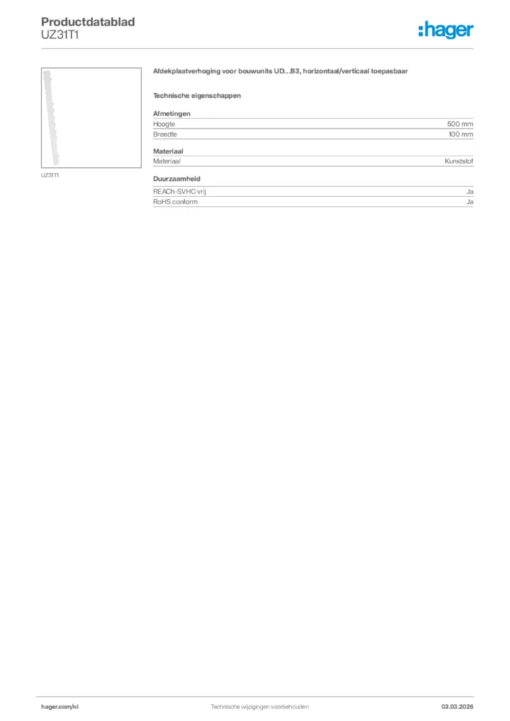 Afbeelding Hager Productdatablad UZ31T1 | Hager Nederland