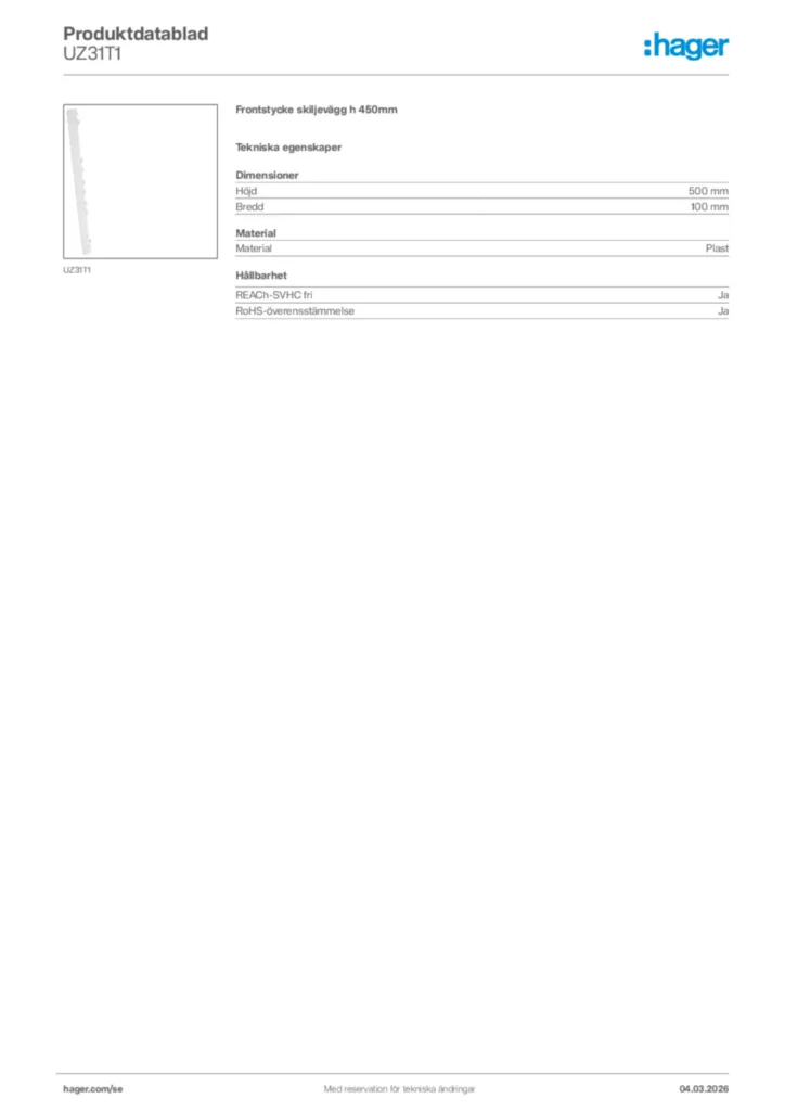 Bild Hager Produktdatablad UZ31T1 | Hager Sverige