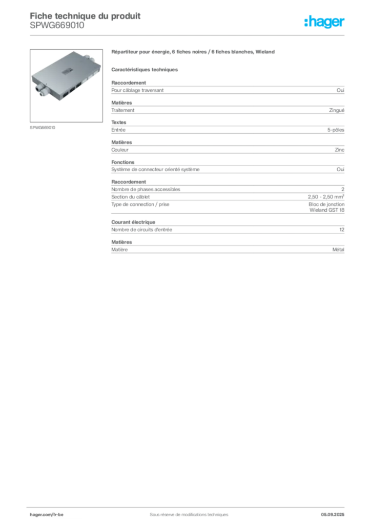 Image Hager Fiche technique du produit SPWG669010 | Hager Belgique